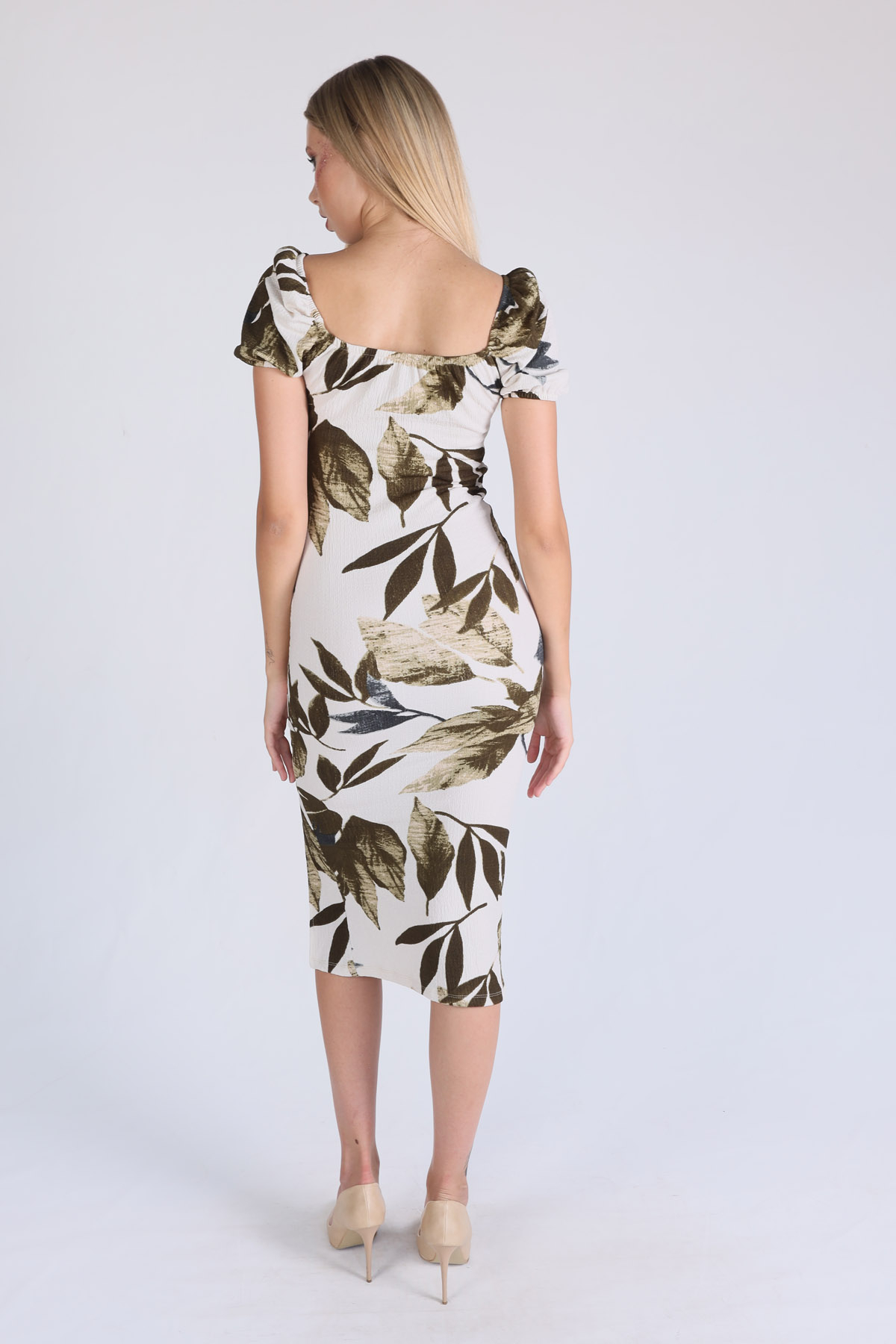 10755 Yaprak Desen Elbise Haki - 6