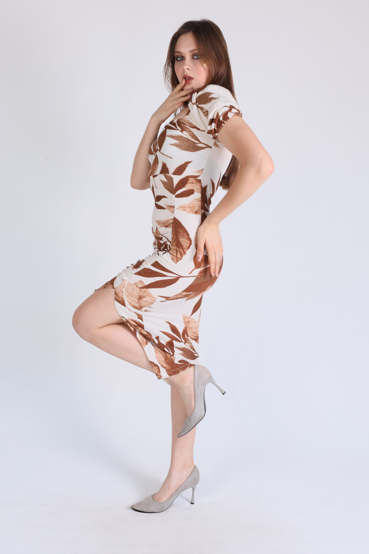 Kahve Yaprak Desen Elbise 10755 - 2