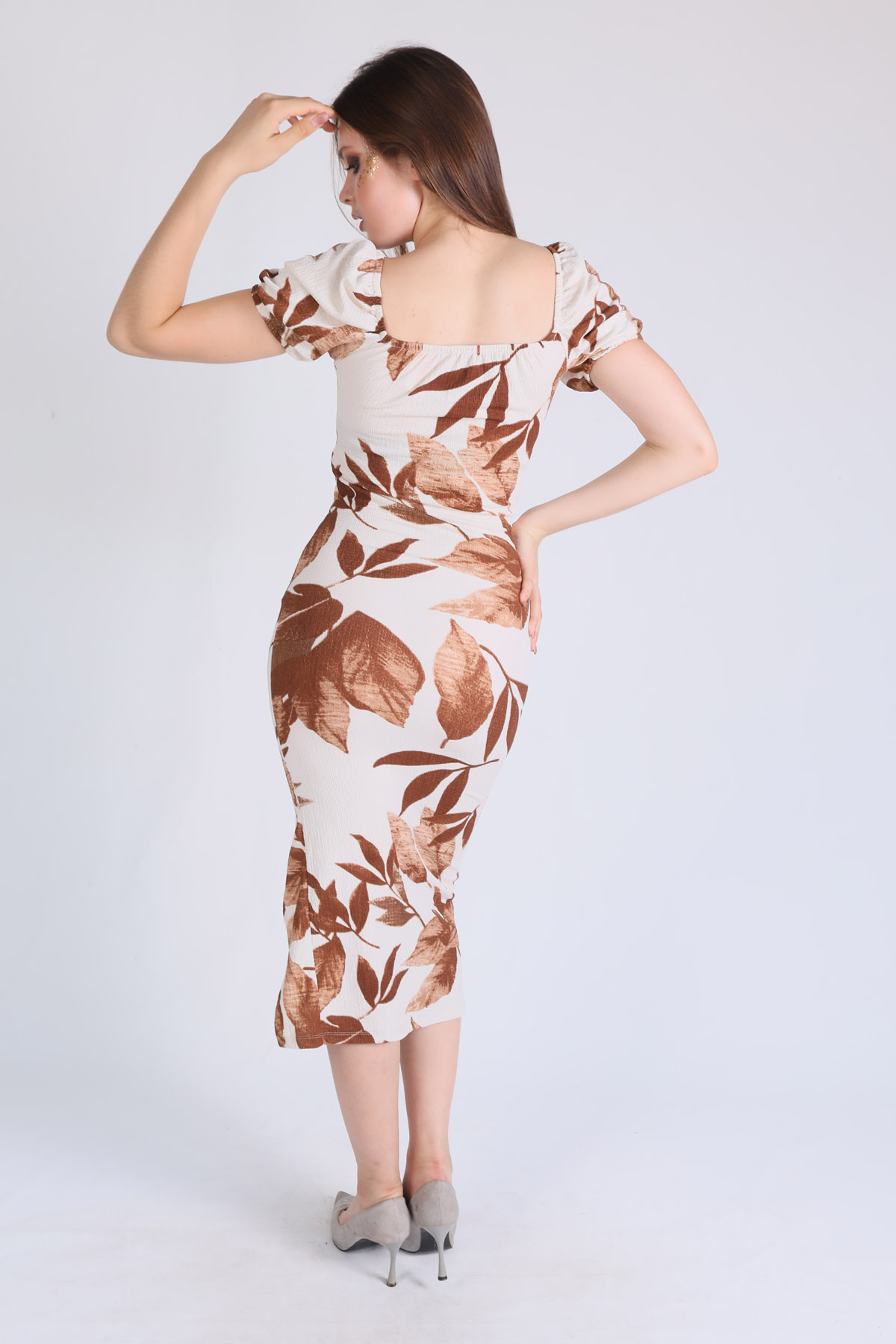 Kahve Yaprak Desen Elbise 10755 - 3