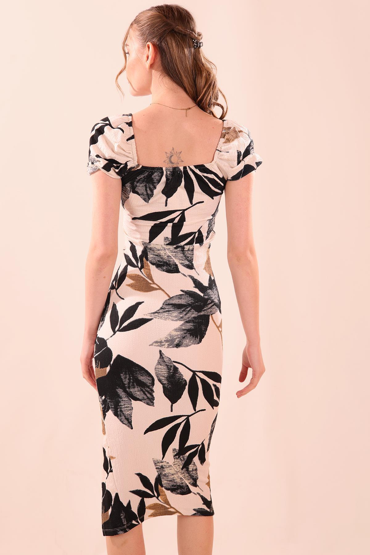 10755 Yaprak Desen Elbise Siyah - 5