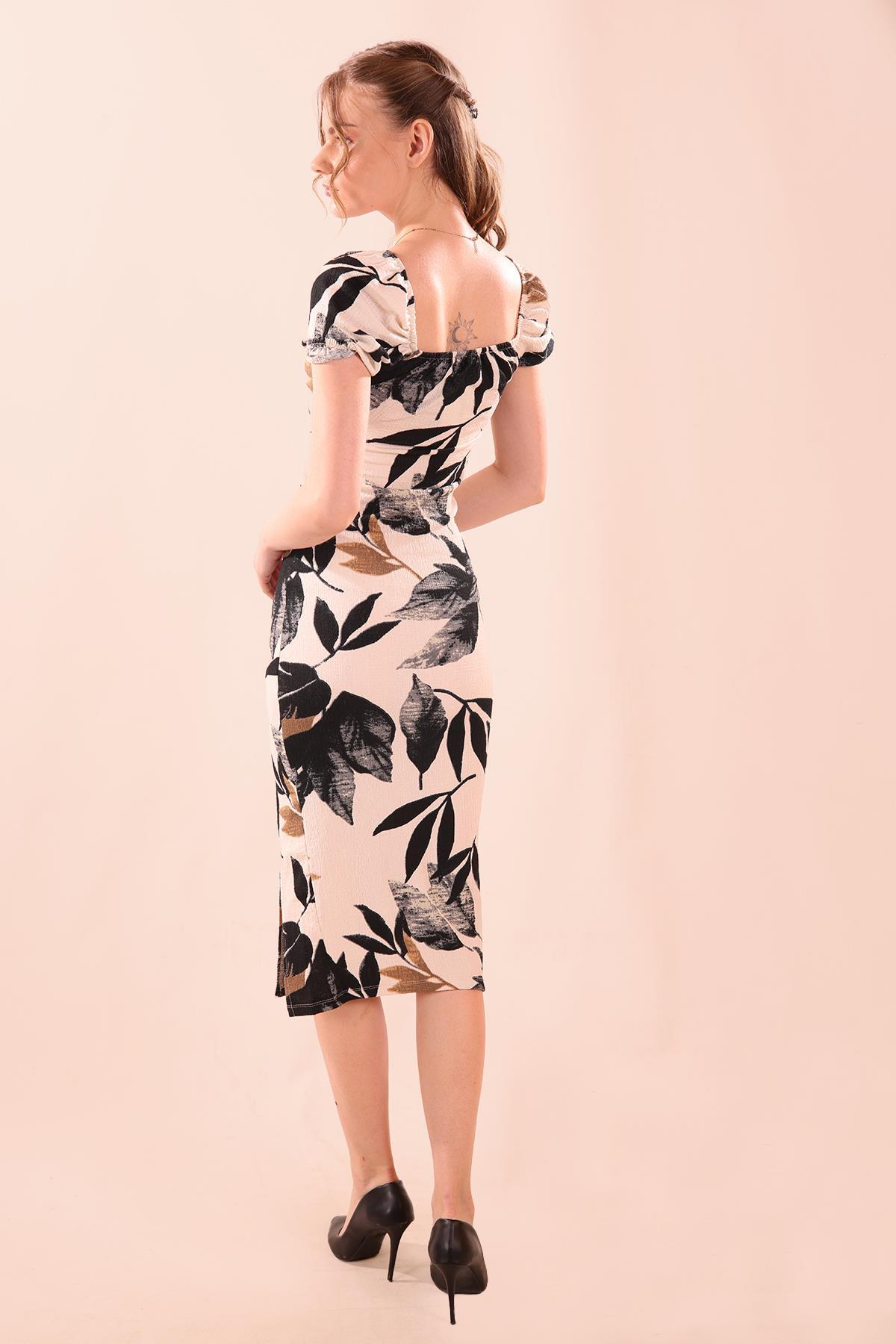 Siyah Yaprak Desen Elbise 10755 - 6