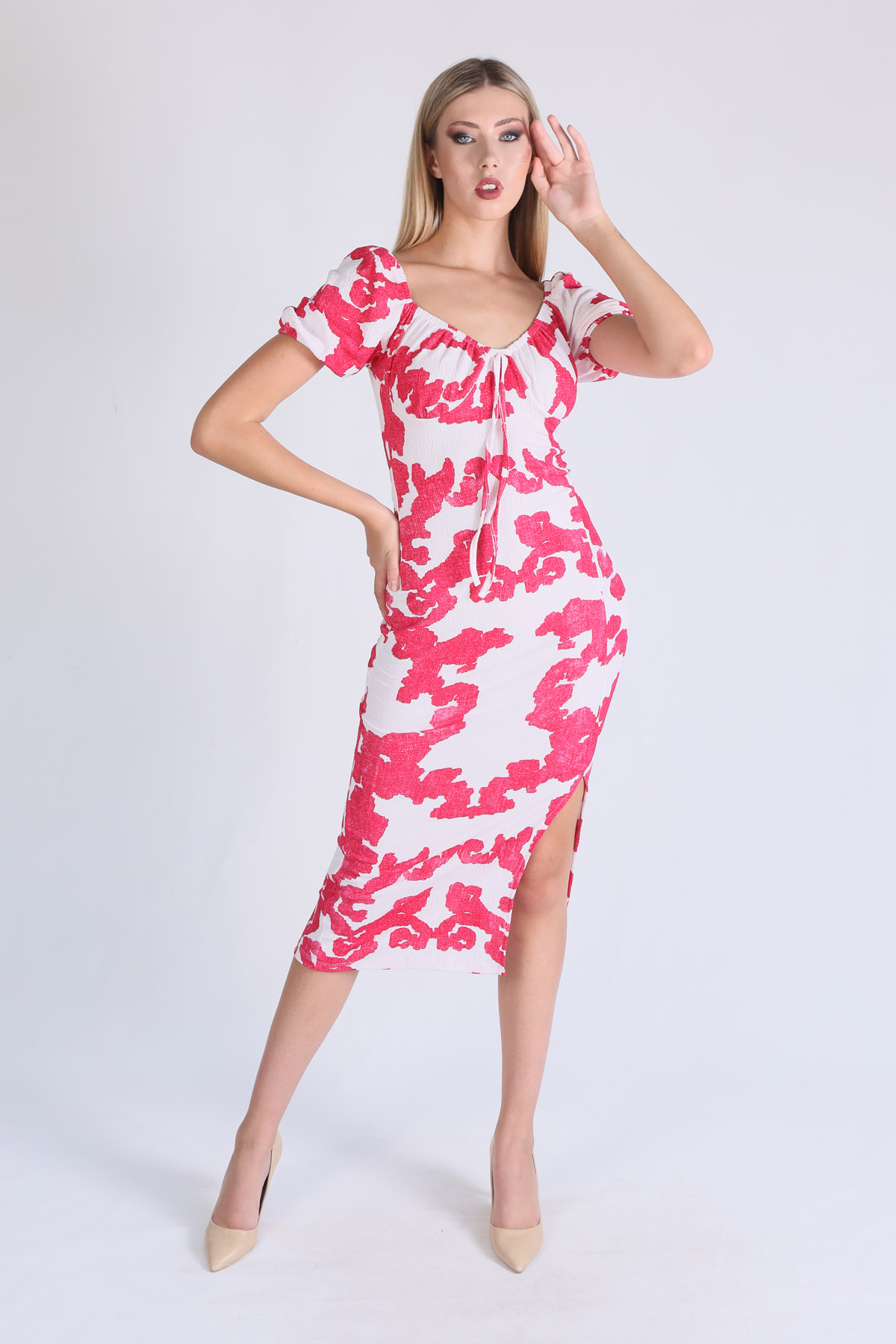 Pembe Desenli Yırtmaçlı Elbise 10765 