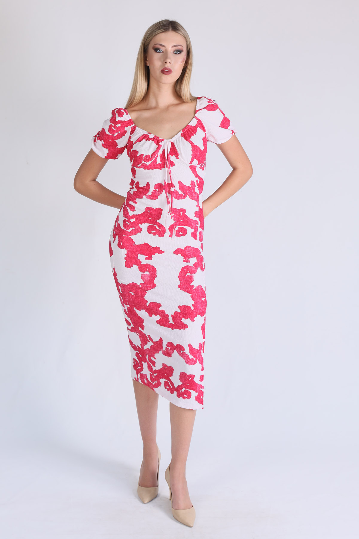 Pembe Desenli Yırtmaçlı Elbise 10765 - 2