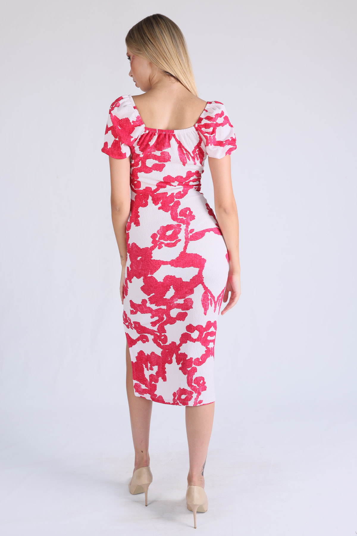 Pembe Desenli Yırtmaçlı Elbise 10765 - 4