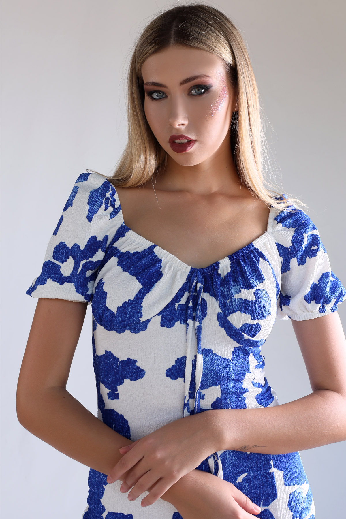 Saks Desenli Yırtmaçlı Elbise 10765 - 3