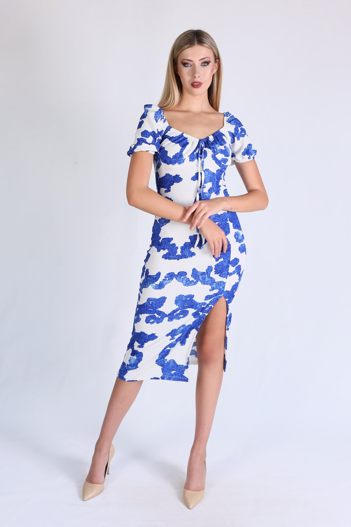 Saks Desenli Yırtmaçlı Elbise 10765 