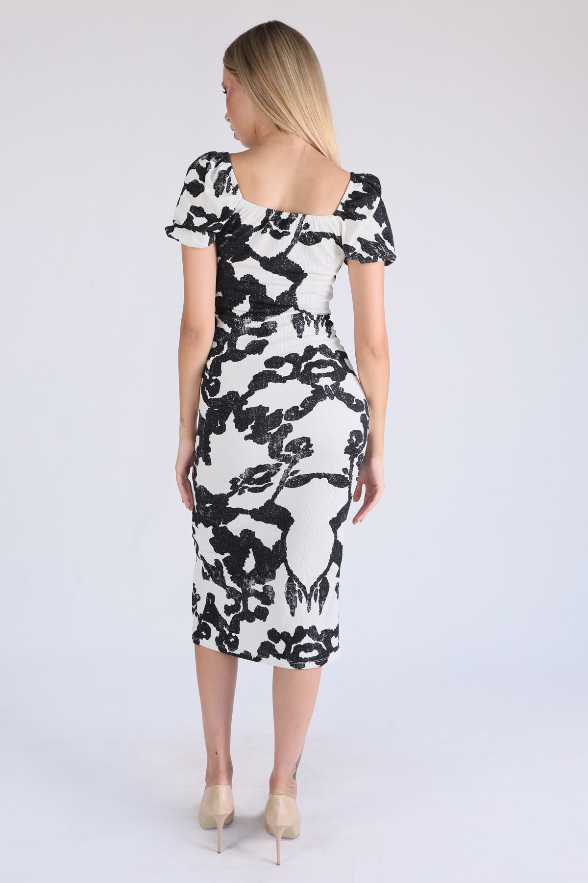 Siyah Desenli Yırtmaçlı Elbise 10765 - 4