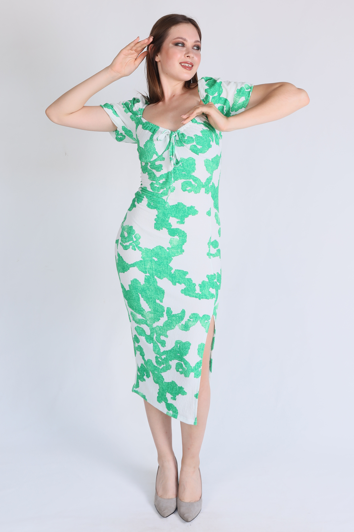 10765 Desenli Yırtmaçlı Elbise Yeşil - 2