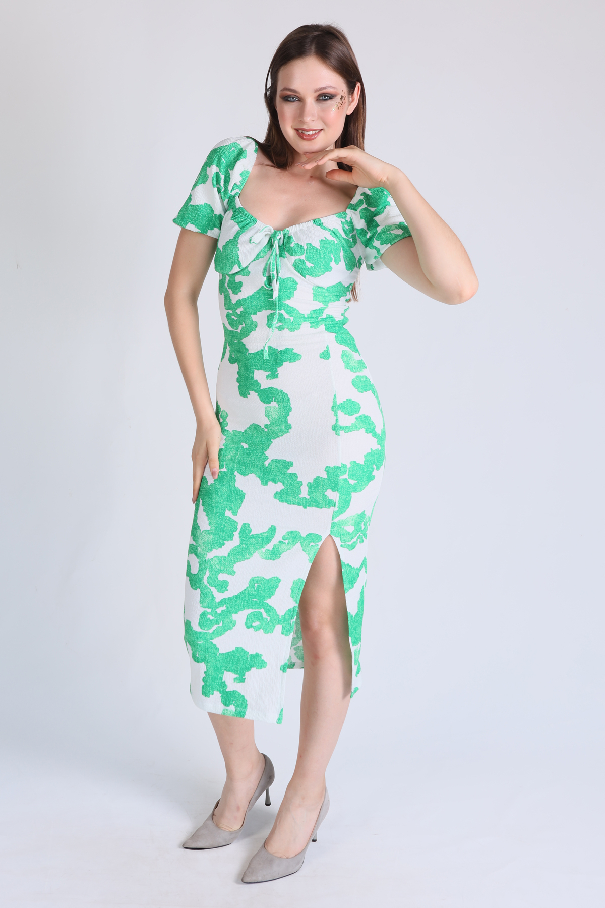 10765 Desenli Yırtmaçlı Elbise Yeşil - 3