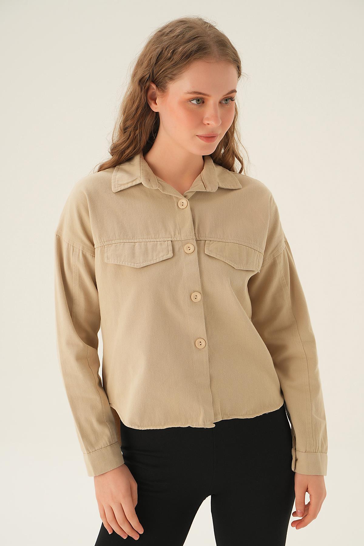 Bej Cep Kapak Detay Kısa Gömlek 10834 - 1