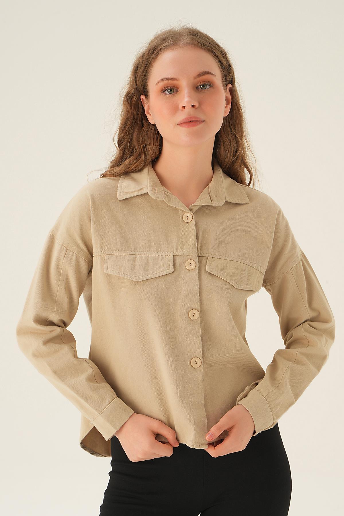 Bej Cep Kapak Detay Kısa Gömlek 10834 - 2