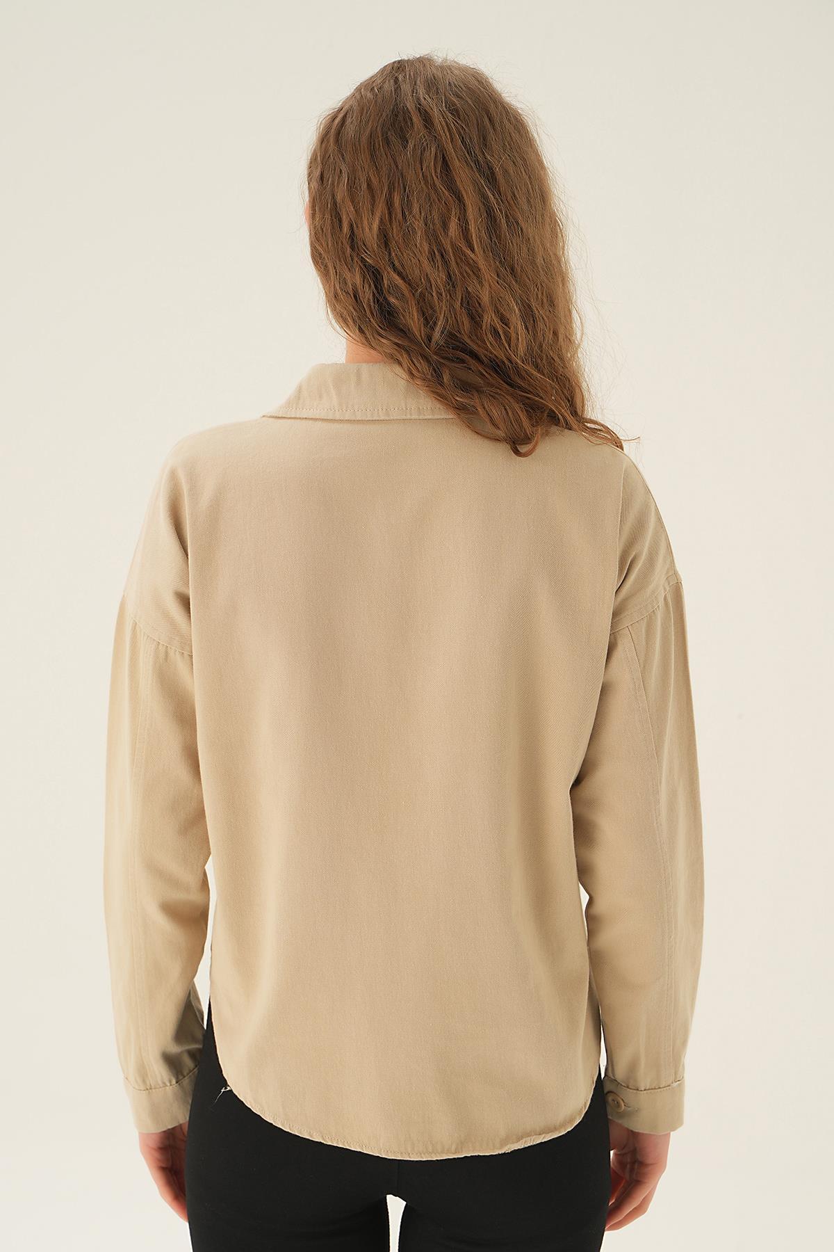 Bej Cep Kapak Detay Kısa Gömlek 10834 - 3