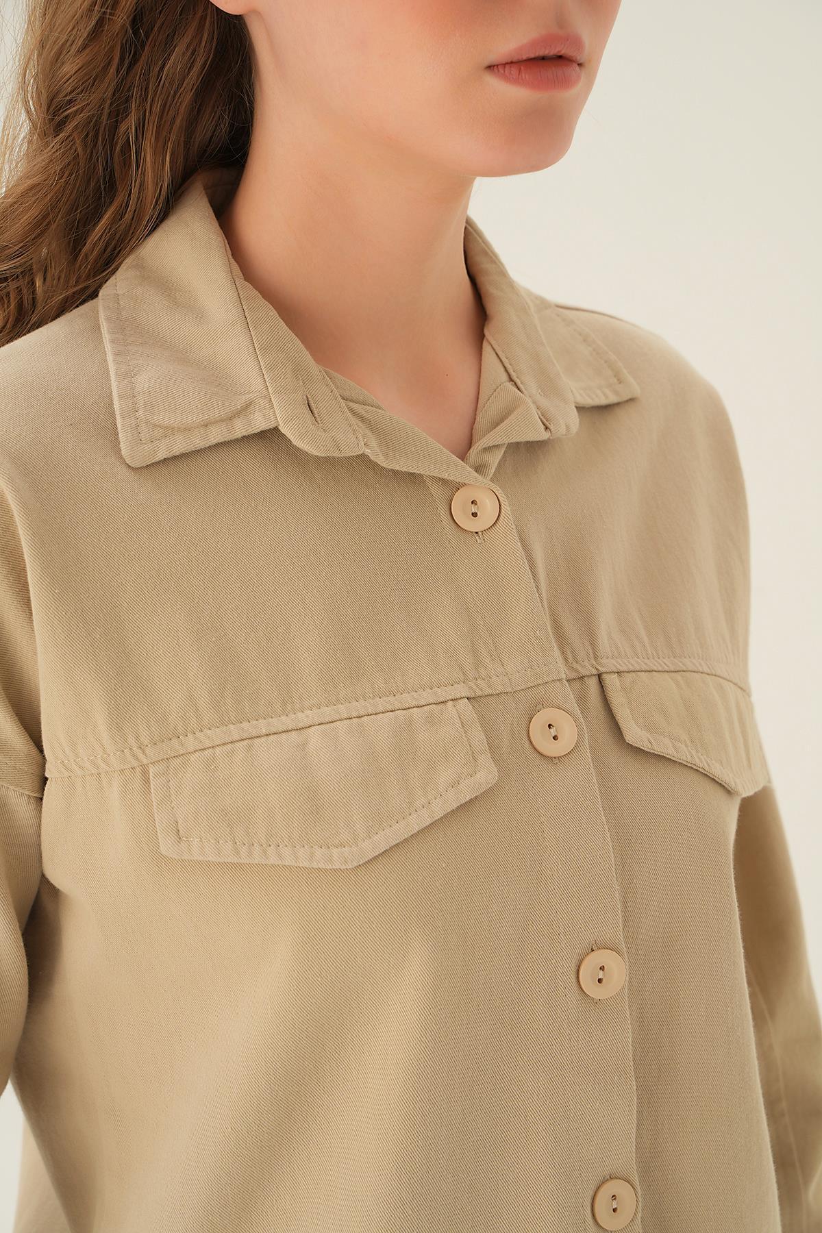 Bej Cep Kapak Detay Kısa Gömlek 10834 - 4