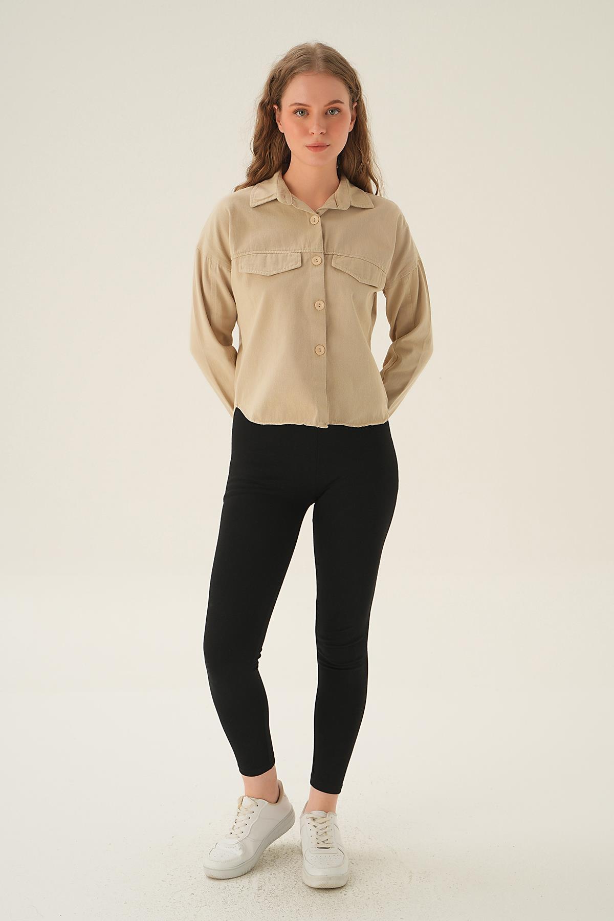 Bej Cep Kapak Detay Kısa Gömlek 10834 - 6