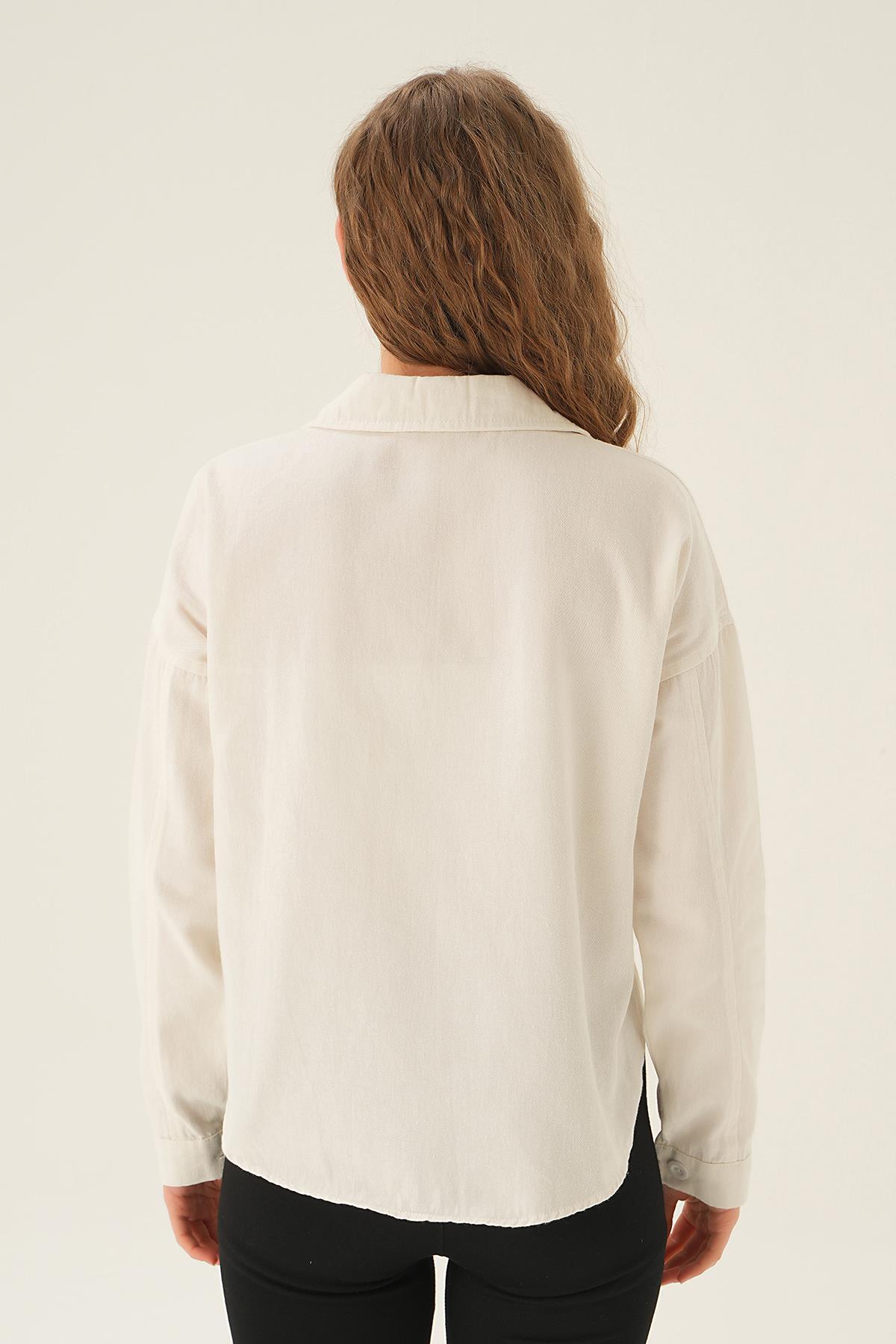 Beyaz Cep Kapak Detay Kısa Gömlek 10834 - 3