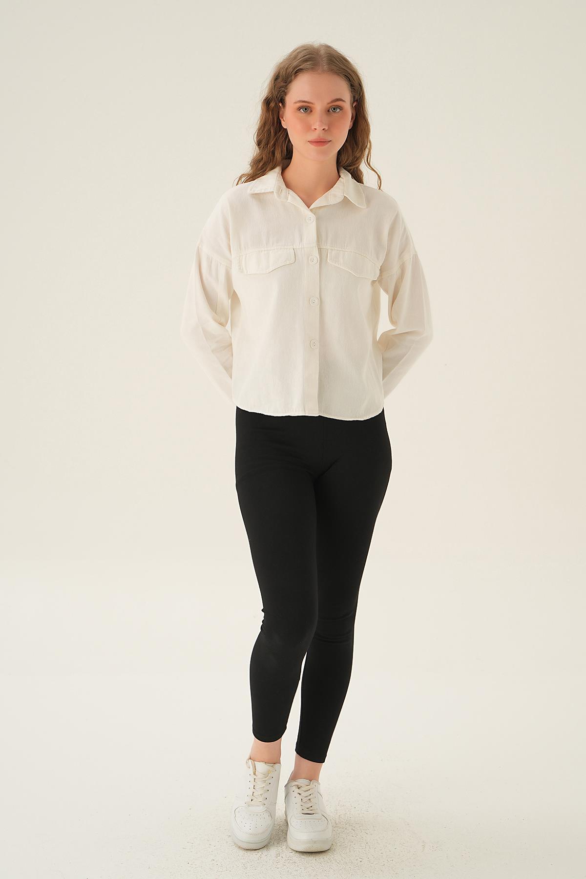 Beyaz Cep Kapak Detay Kısa Gömlek 10834 - 6