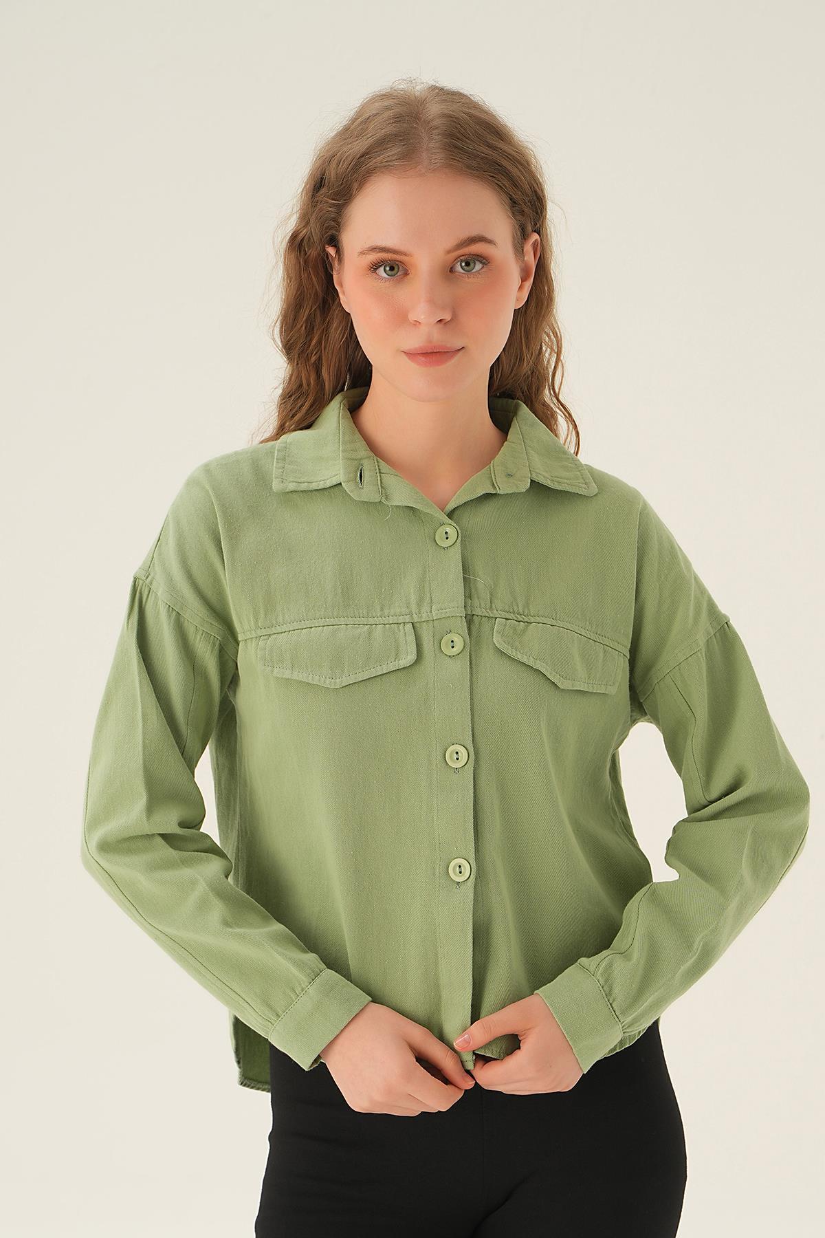 Çağla Cep Kapak Detay Kısa Gömlek 10834 