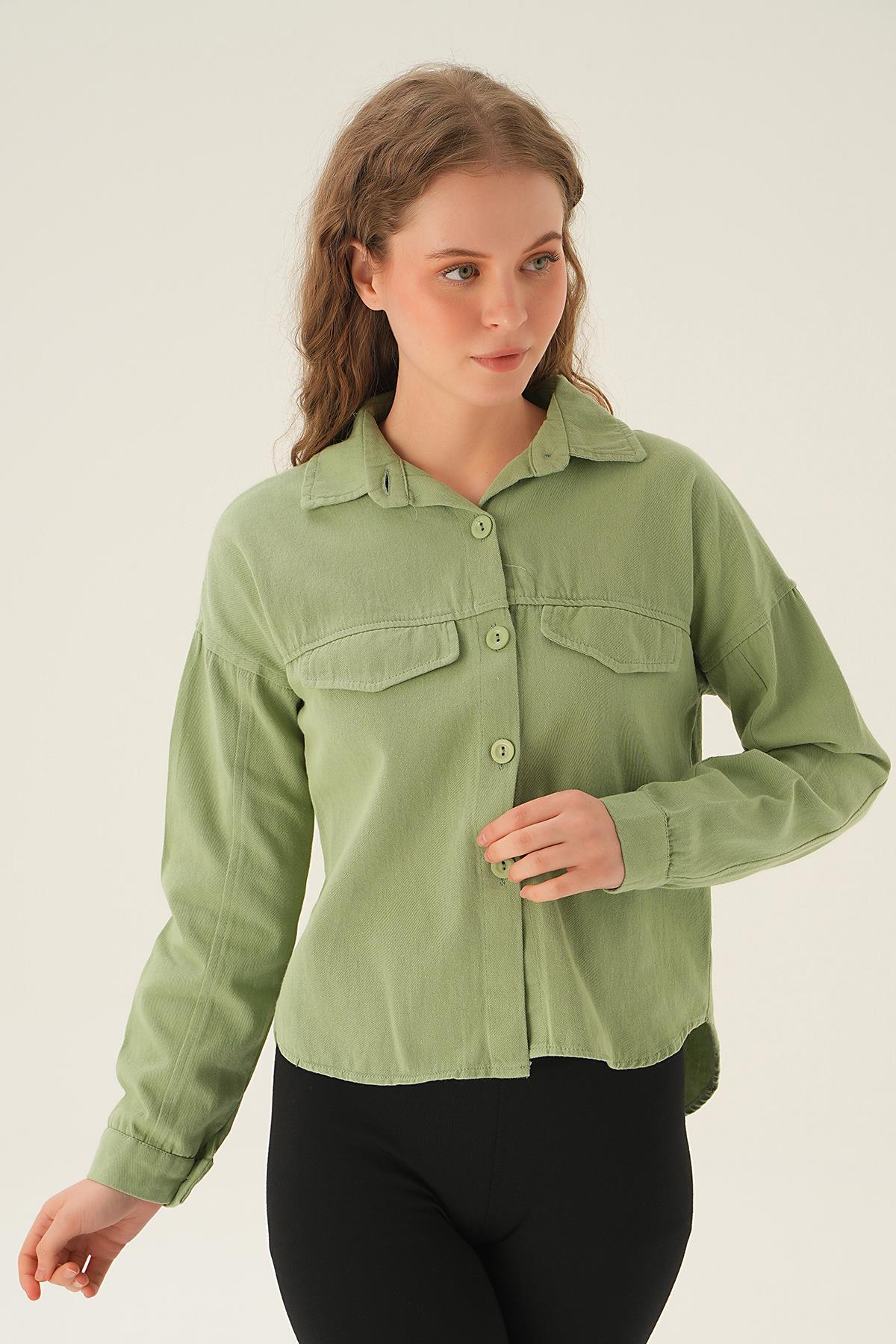 Çağla Cep Kapak Detay Kısa Gömlek 10834 - 2