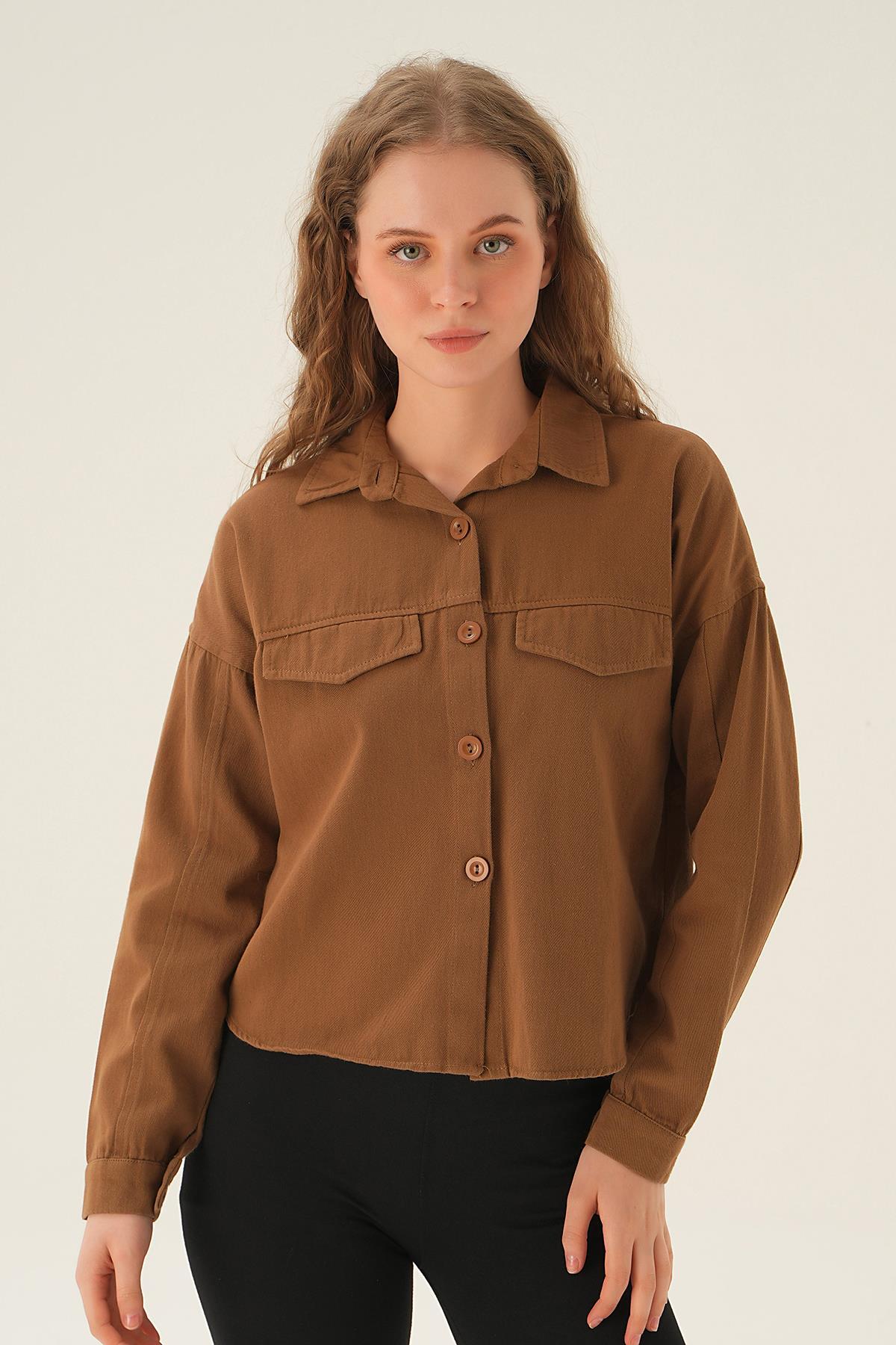 Kahve Cep Kapak Detay Kısa Gömlek 10834 - 1