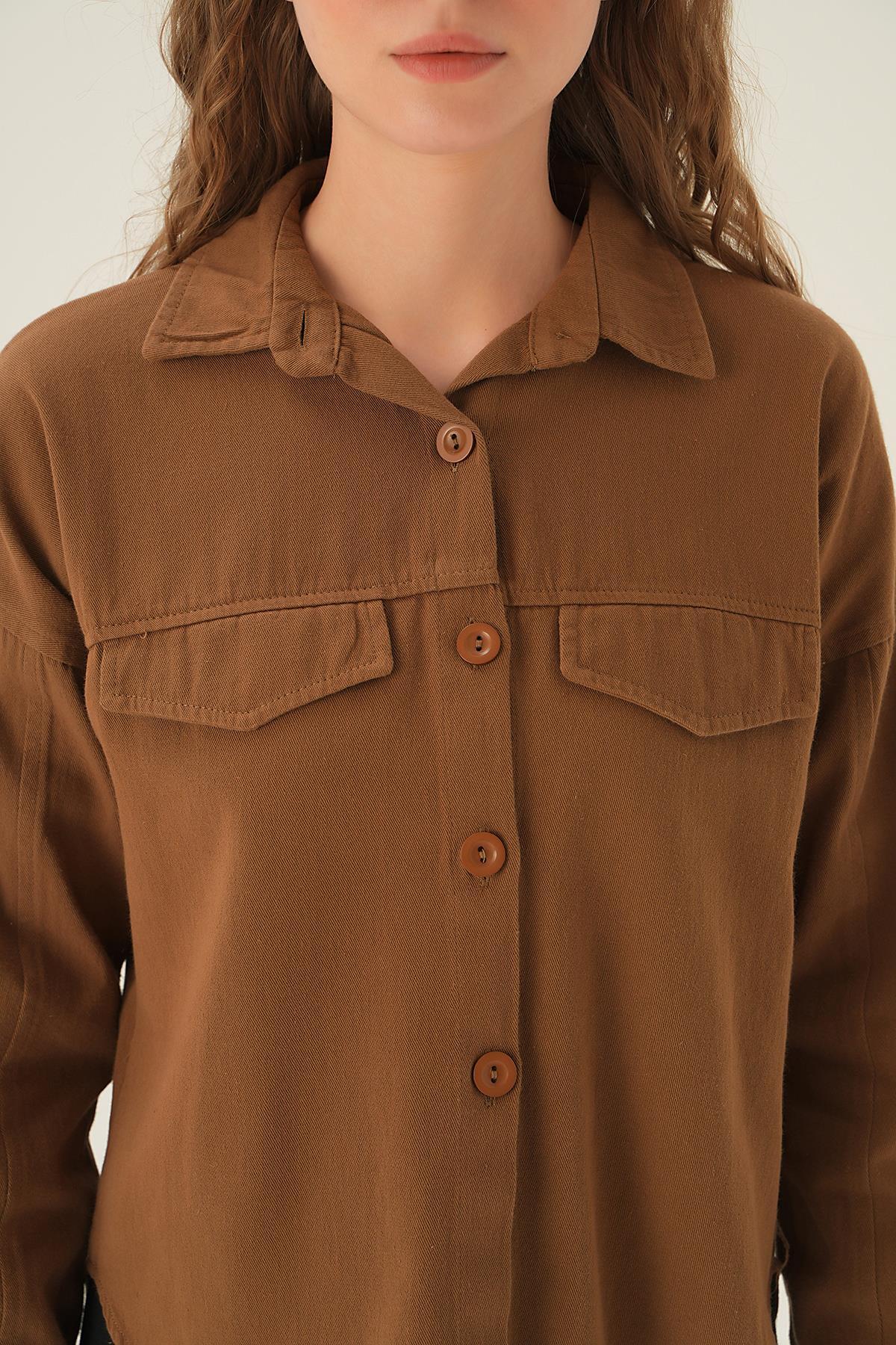 Kahve Cep Kapak Detay Kısa Gömlek 10834 - 4