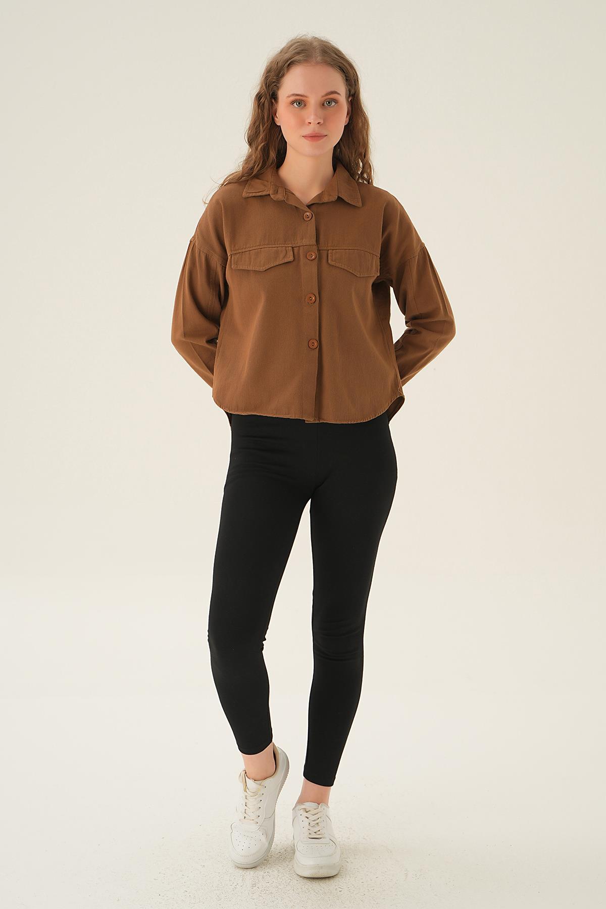 Kahve Cep Kapak Detay Kısa Gömlek 10834 - 6