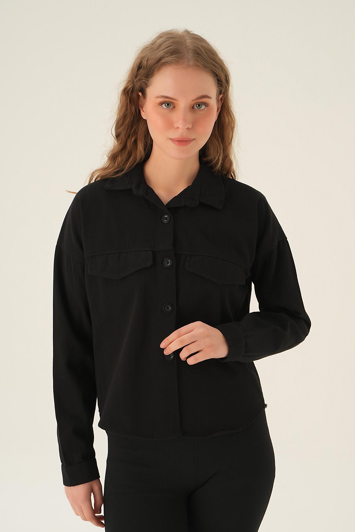 Siyah Cep Kapak Detay Kısa Gömlek 10834 - 1