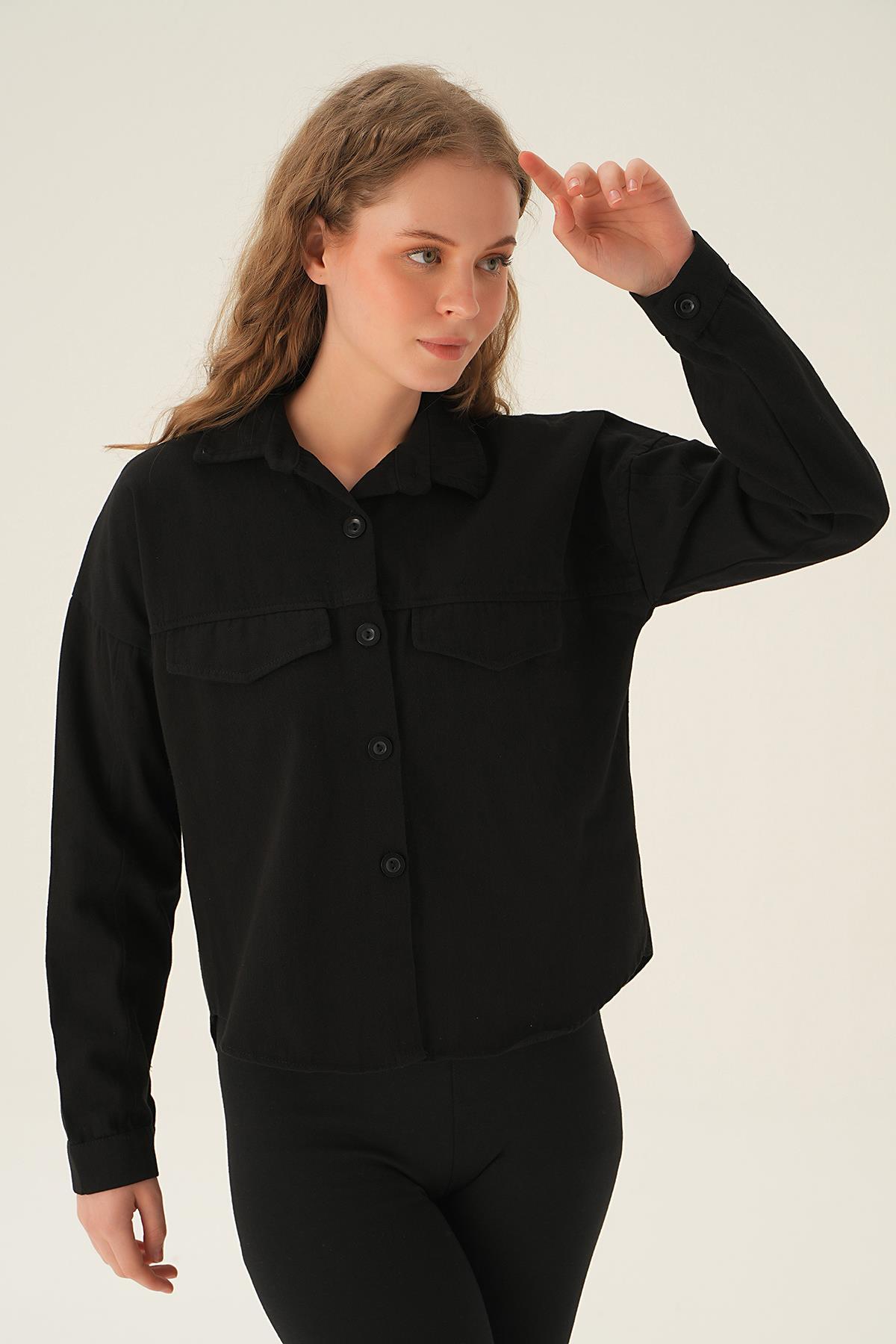 Siyah Cep Kapak Detay Kısa Gömlek 10834 - 2