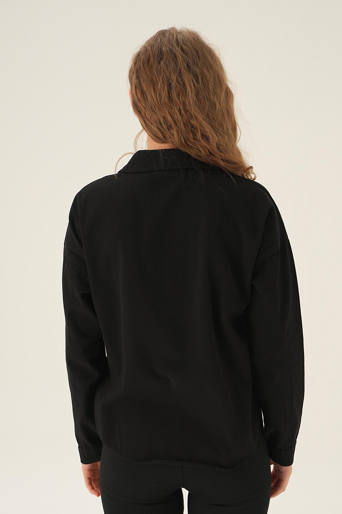 Siyah Cep Kapak Detay Kısa Gömlek 10834 - 3