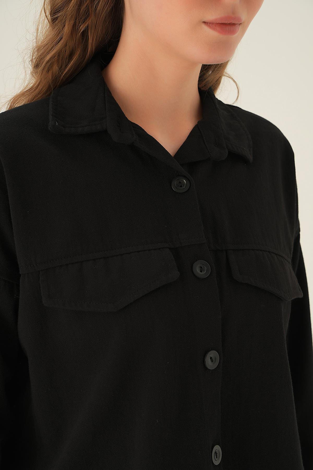 Siyah Cep Kapak Detay Kısa Gömlek 10834 - 4