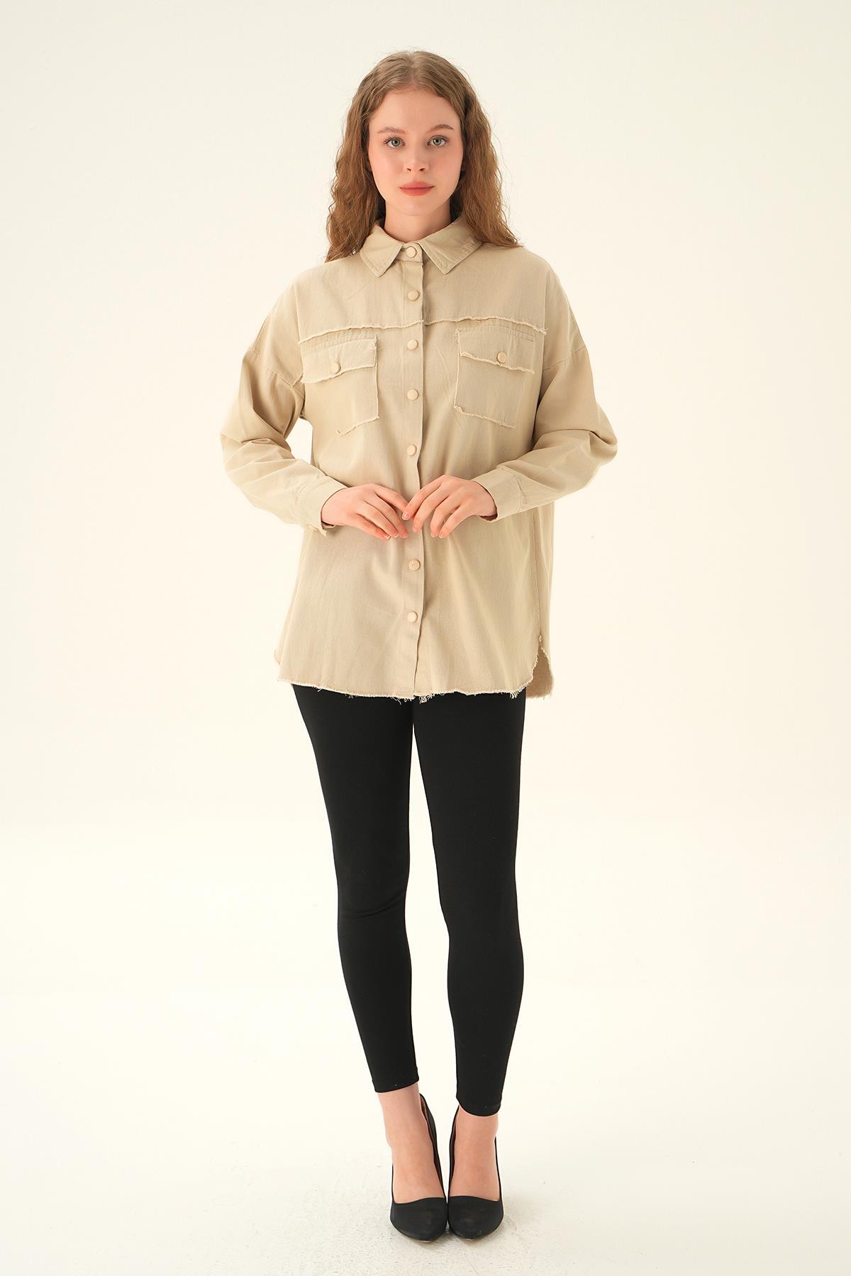 10836 Cep Kapak Detay Uzun Gömlek Bej - 2