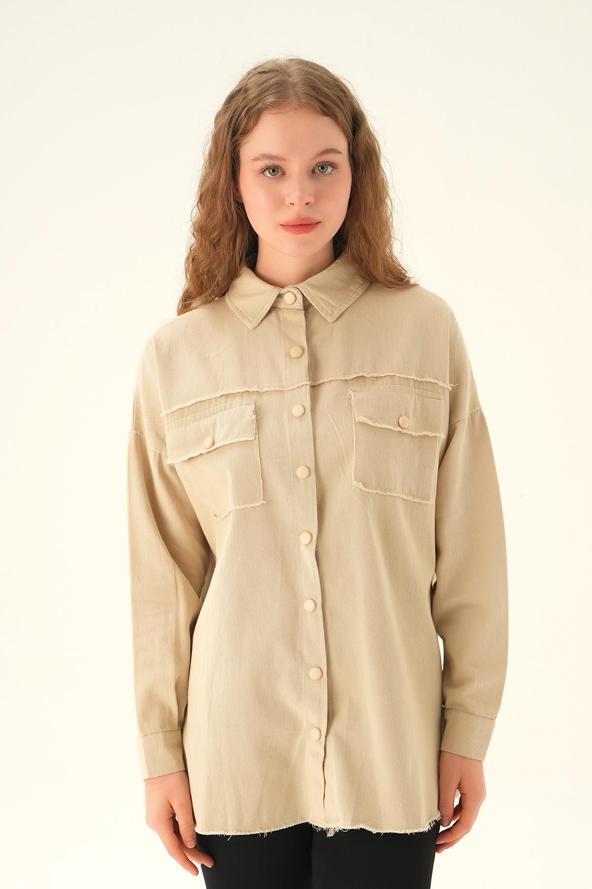 10836 Cep Kapak Detay Uzun Gömlek Bej - 3