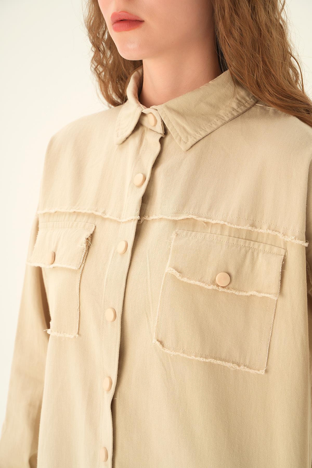 10836 Cep Kapak Detay Uzun Gömlek Bej - 5