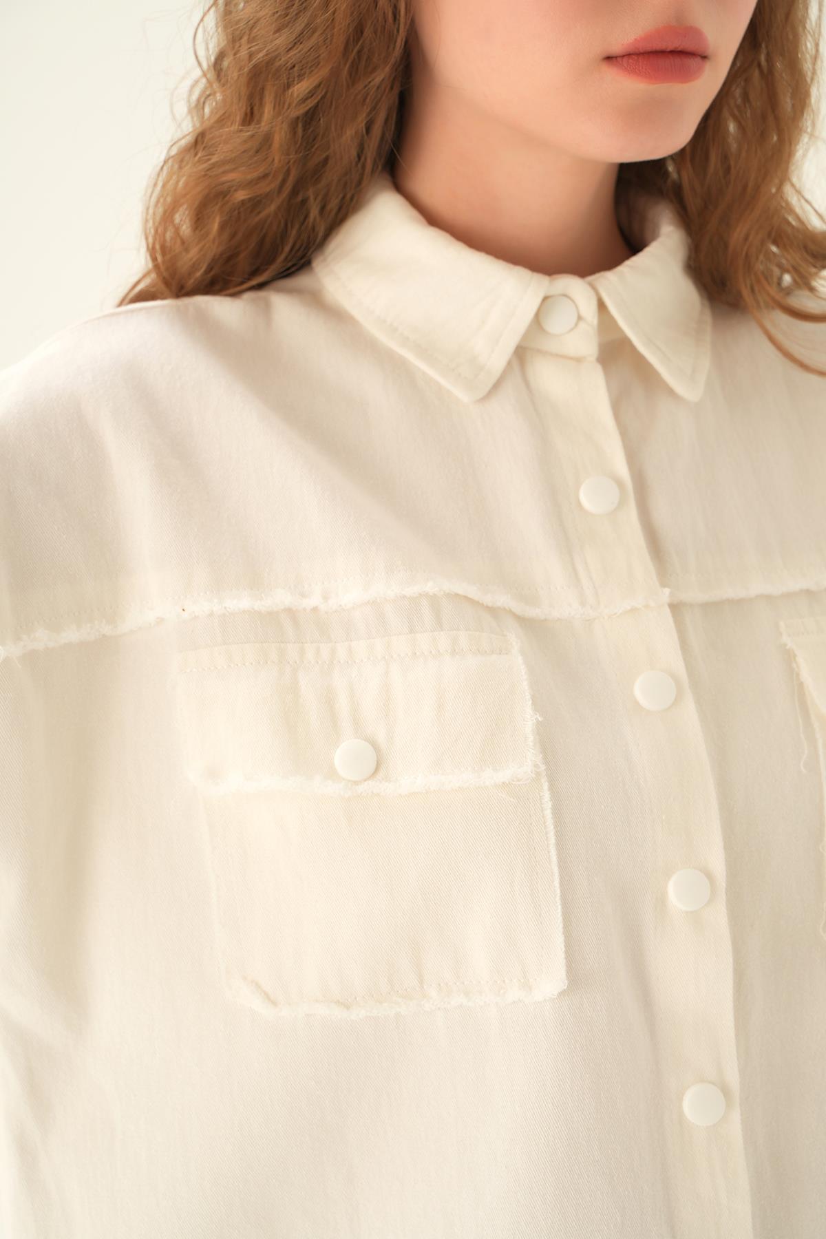 10836 Cep Kapak Detay Uzun Gömlek Beyaz - 5