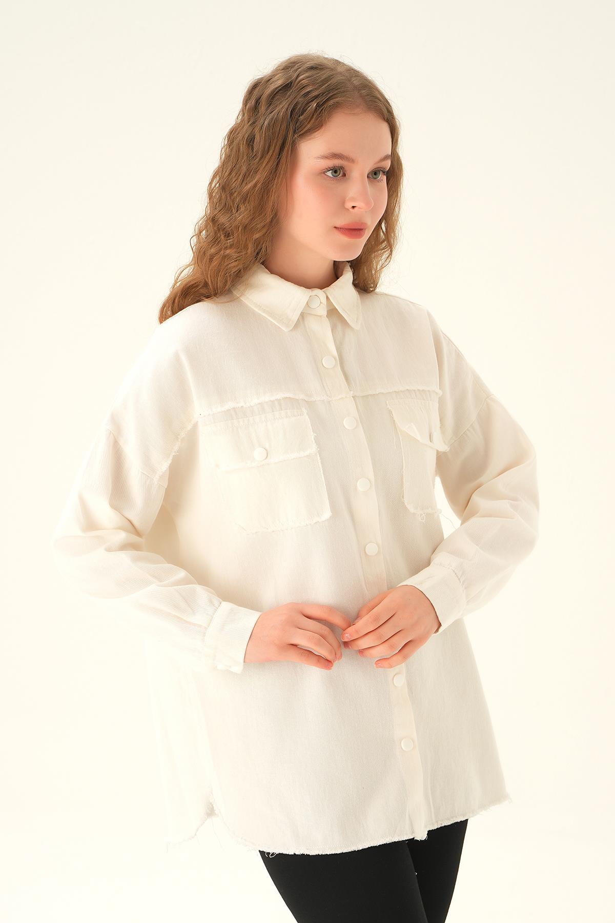 10836 Cep Kapak Detay Uzun Gömlek Beyaz - 3