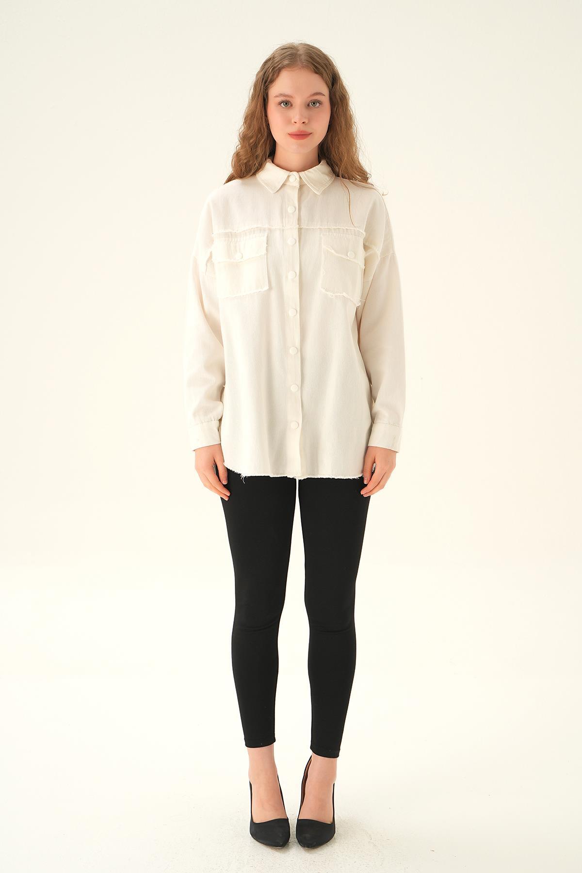 Beyaz Cep Kapak Detay Gömlek 10836 - 6