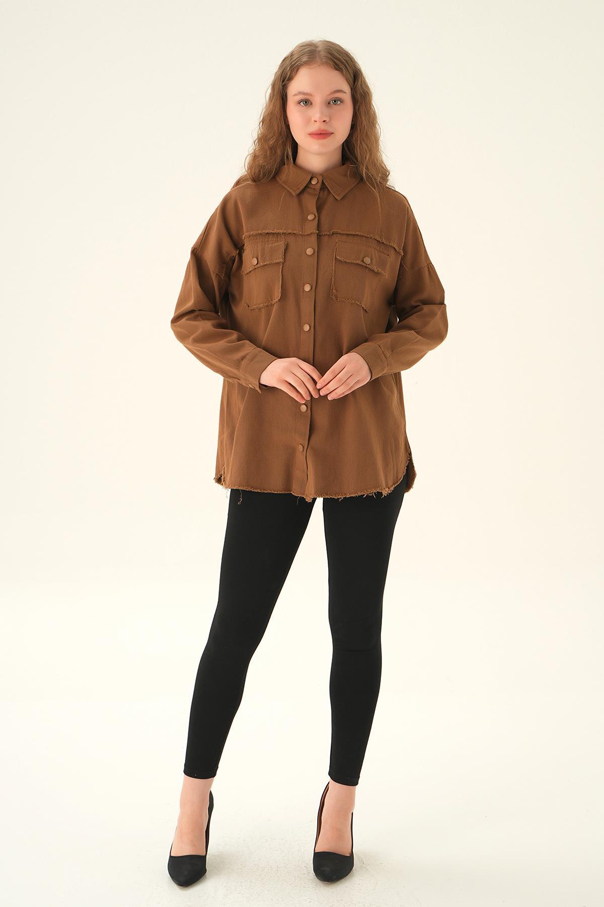 10836 Cep Kapak Detay Uzun Gömlek Kahve - 2