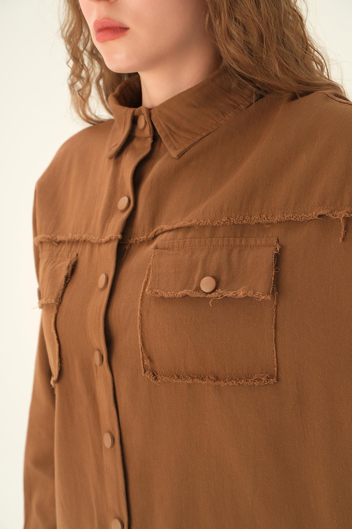 10836 Cep Kapak Detay Uzun Gömlek Kahve - 5