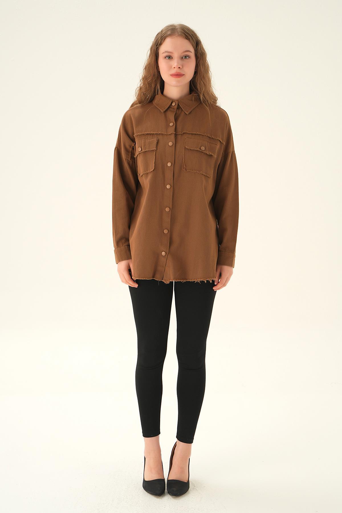 10836 Cep Kapak Detay Uzun Gömlek Kahve - 6