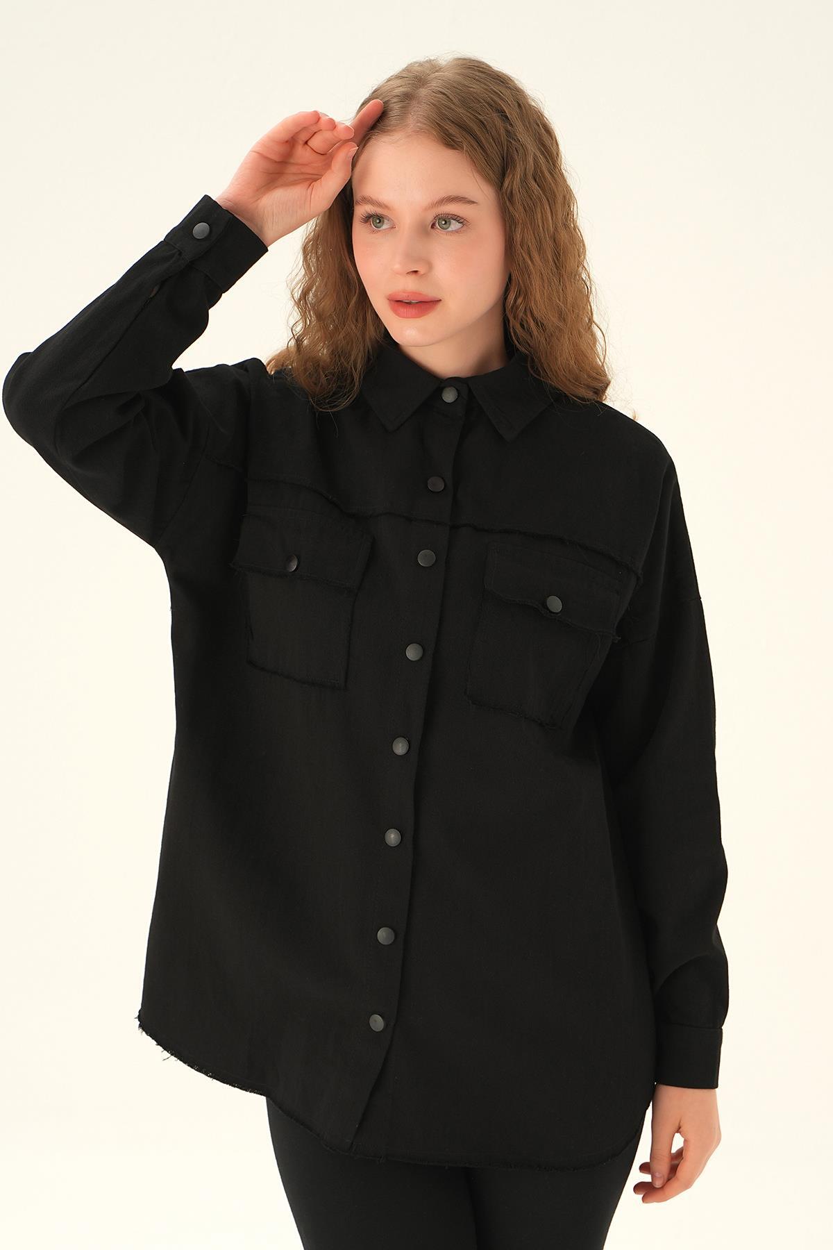 10836 Cep Kapak Detay Uzun Gömlek Siyah 