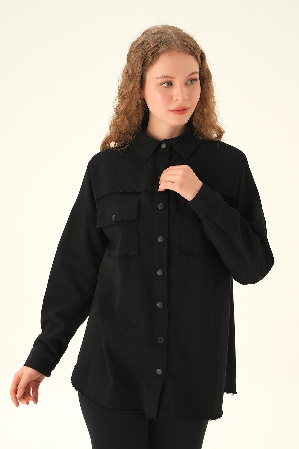 10836 Cep Kapak Detay Uzun Gömlek Siyah - 3
