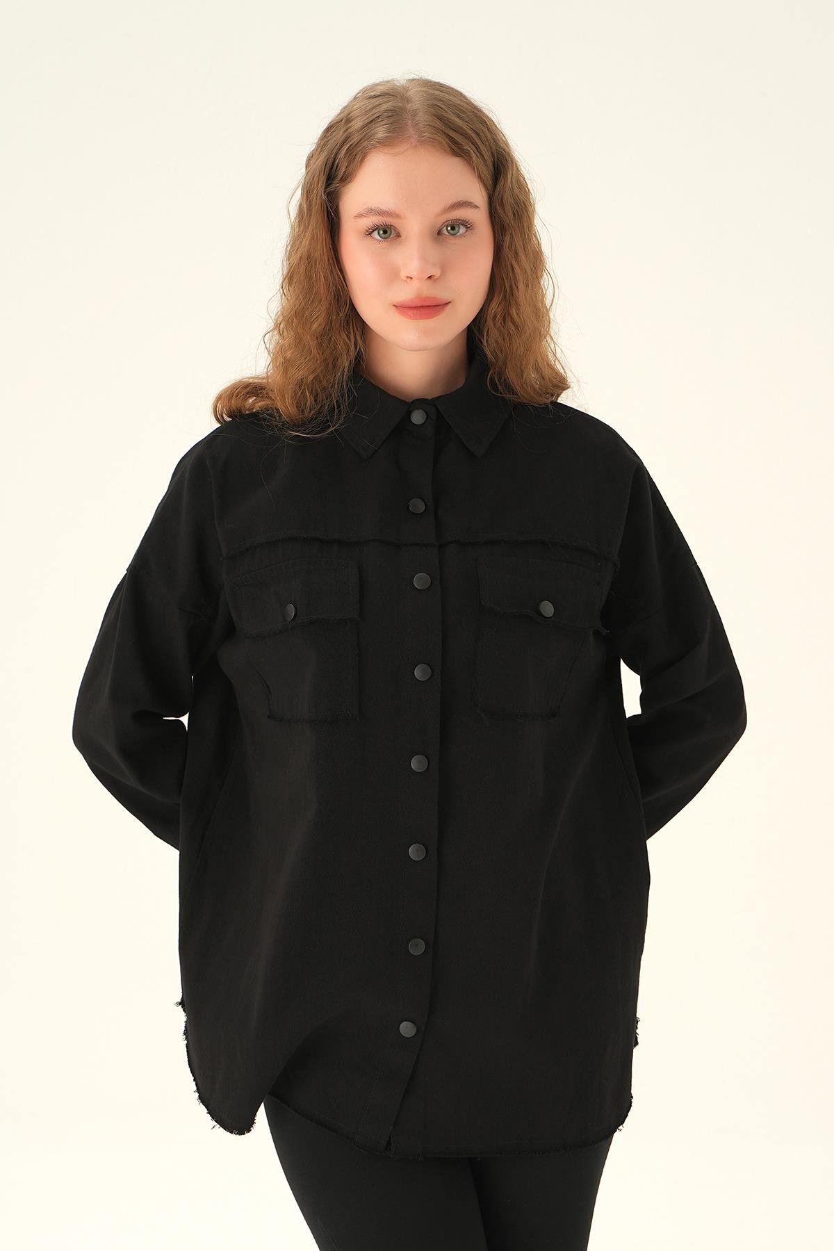 10836 Cep Kapak Detay Uzun Gömlek Siyah - 4