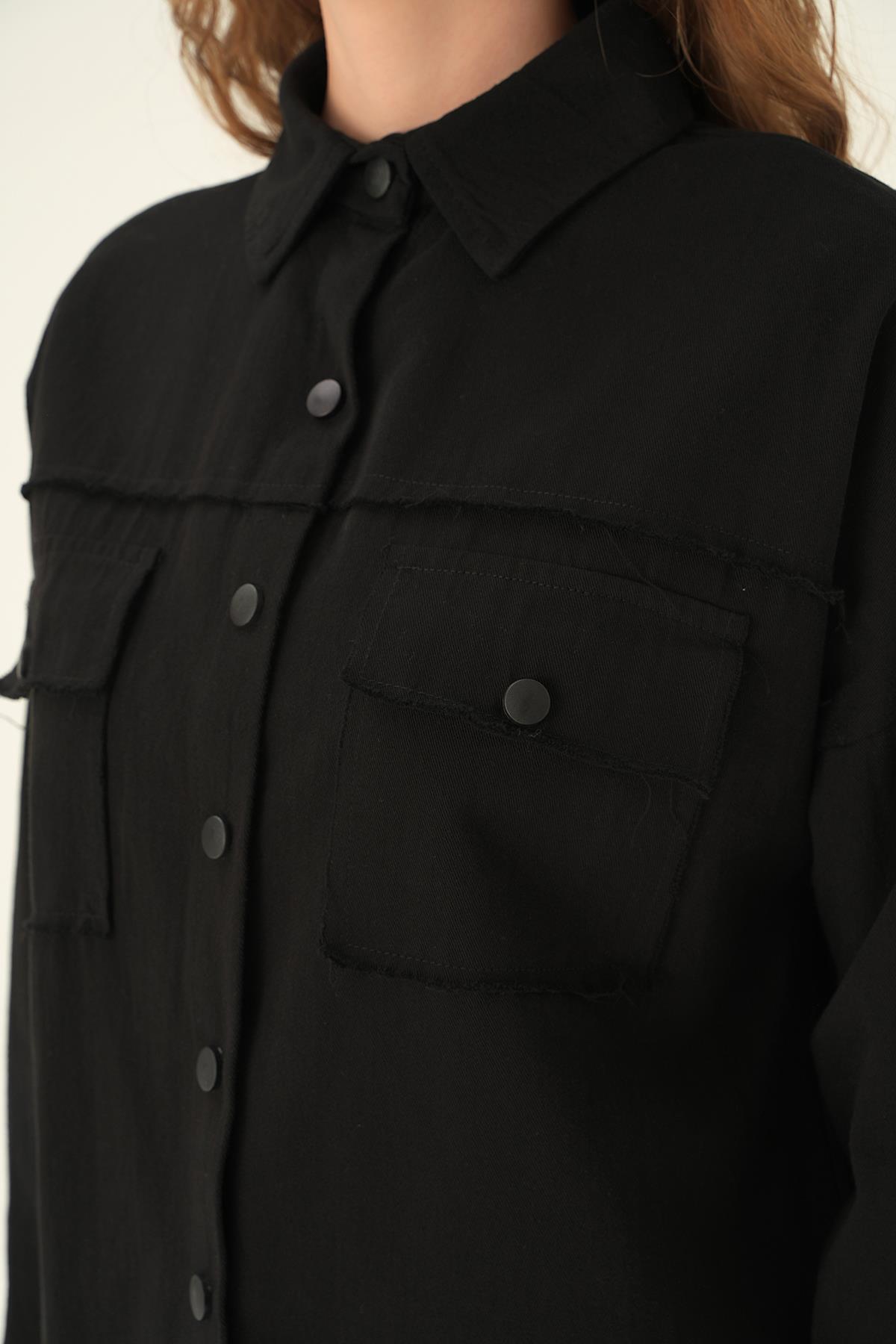 Siyah Cep Kapak Detay Gömlek 10836 - 6