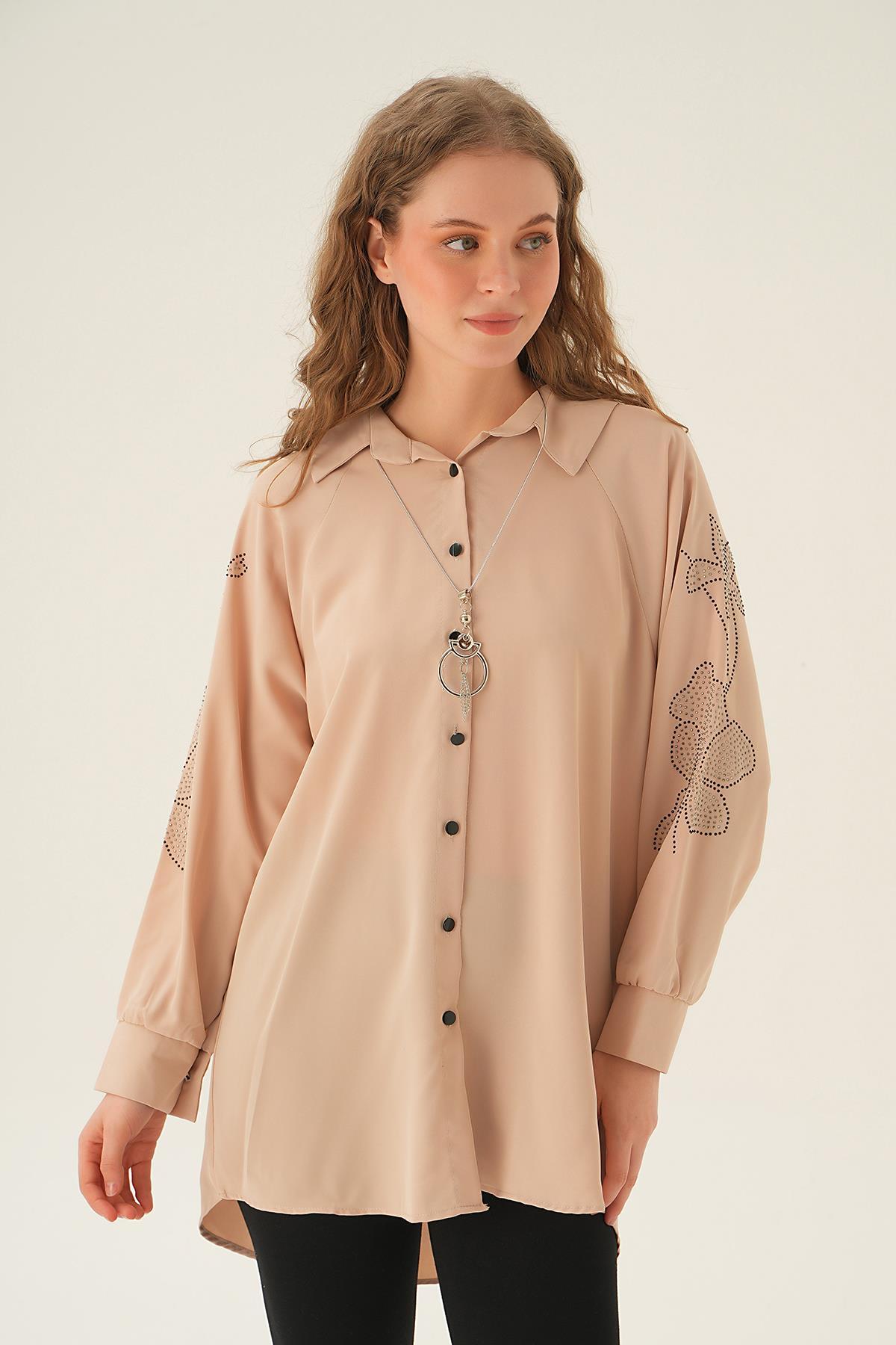 10848 Kol Nakış Detay Tunik Bej - 1