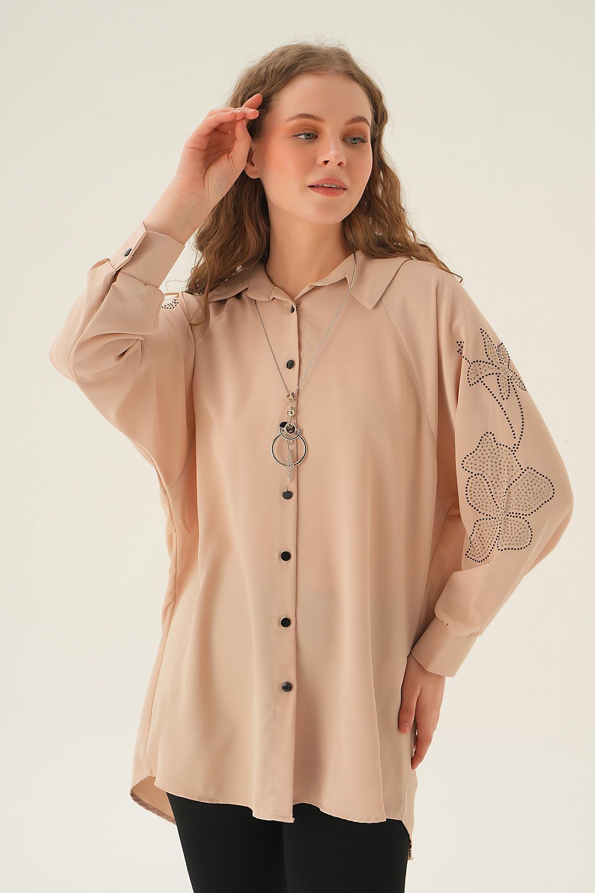 10848 Kol Nakış Detay Tunik Bej - 2