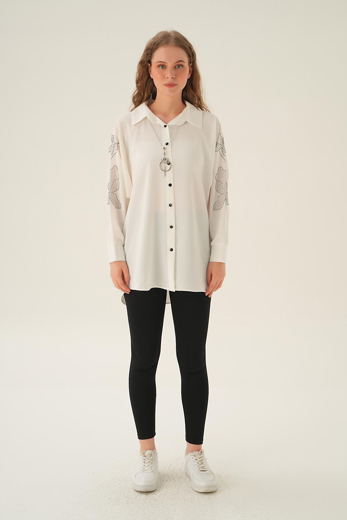 10848 Kol Nakış Detay Tunik Beyaz - 5