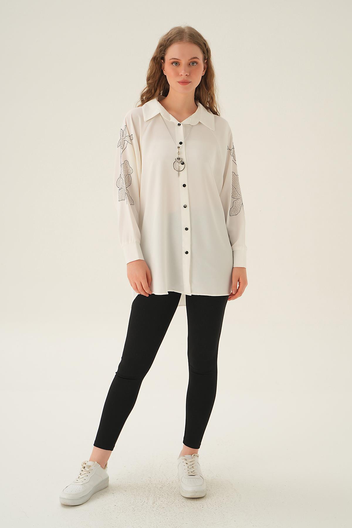 10848 Kol Nakış Detay Tunik Beyaz - 6