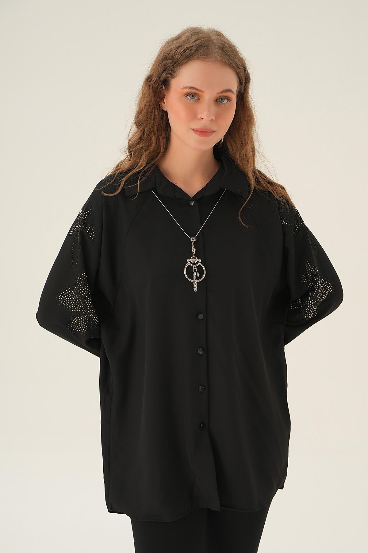 10848 Kol Nakış Detay Tunik Siyah - 2