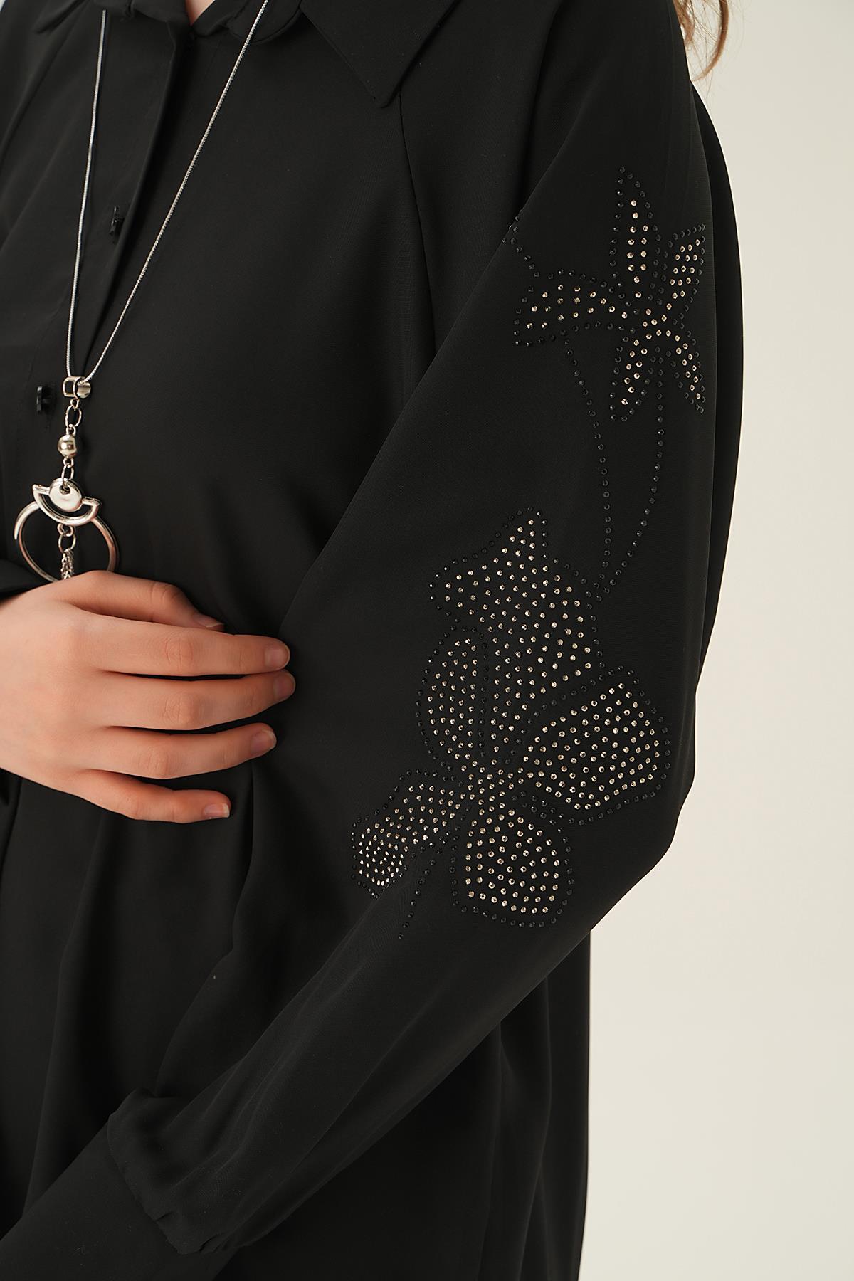 10848 Kol Nakış Detay Tunik Siyah - 4