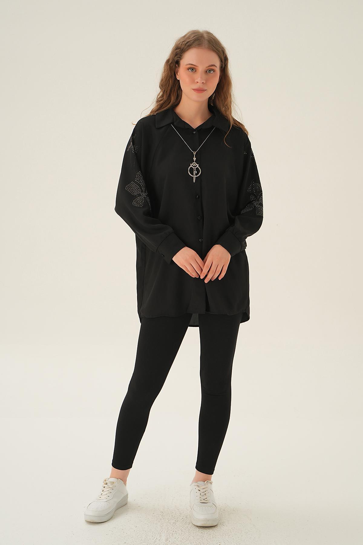 10848 Kol Nakış Detay Tunik Siyah - 6