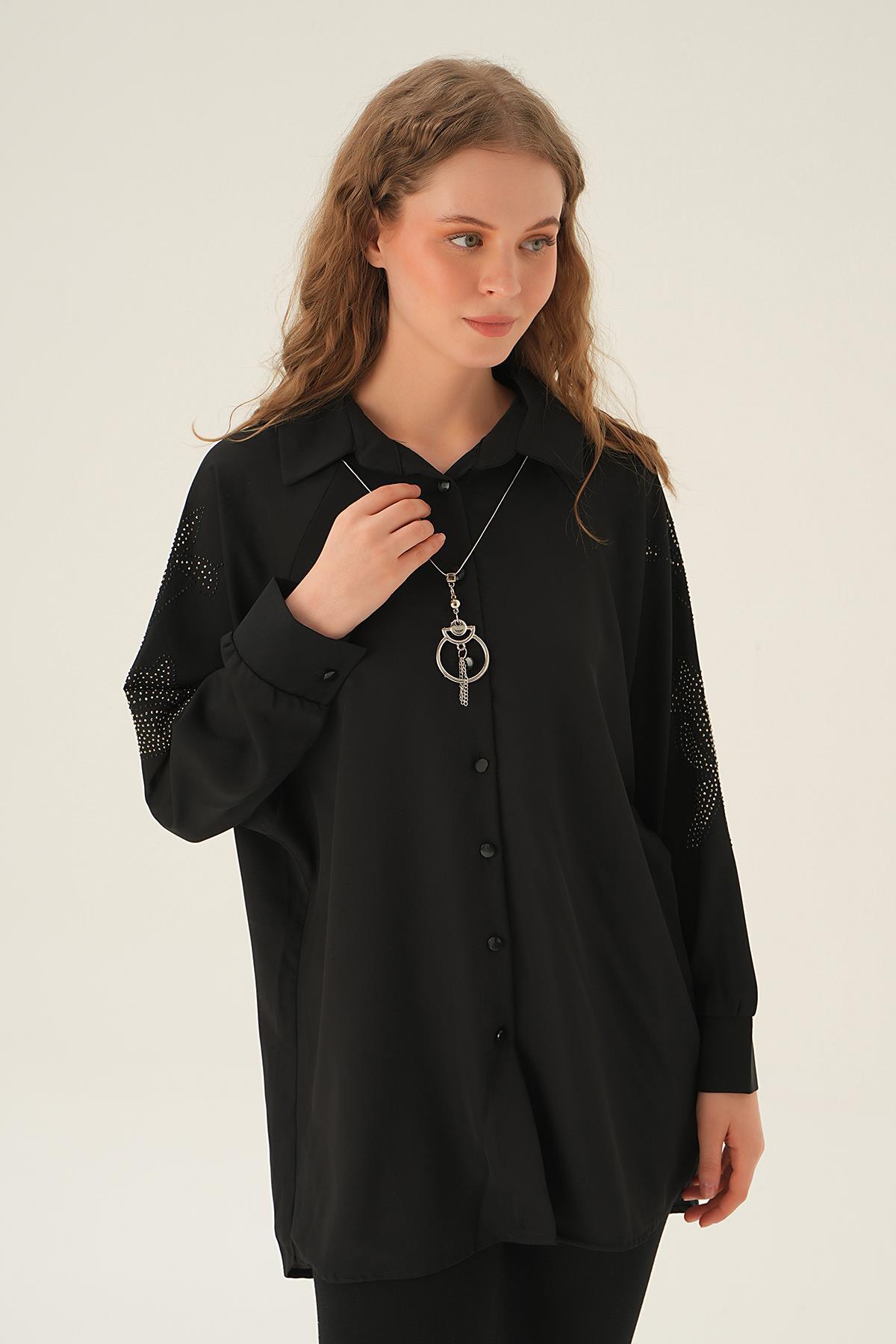 10848 Kol Nakış Detay Tunik Siyah 